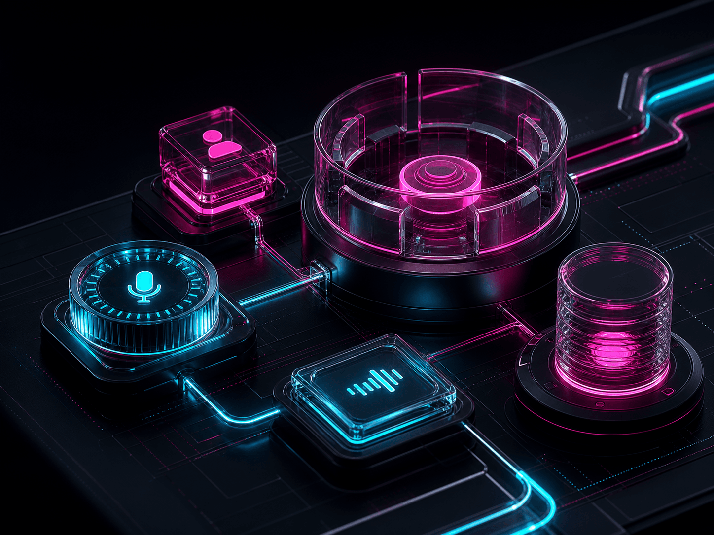 Abstract magenta and cyan host control modules for Huddle
