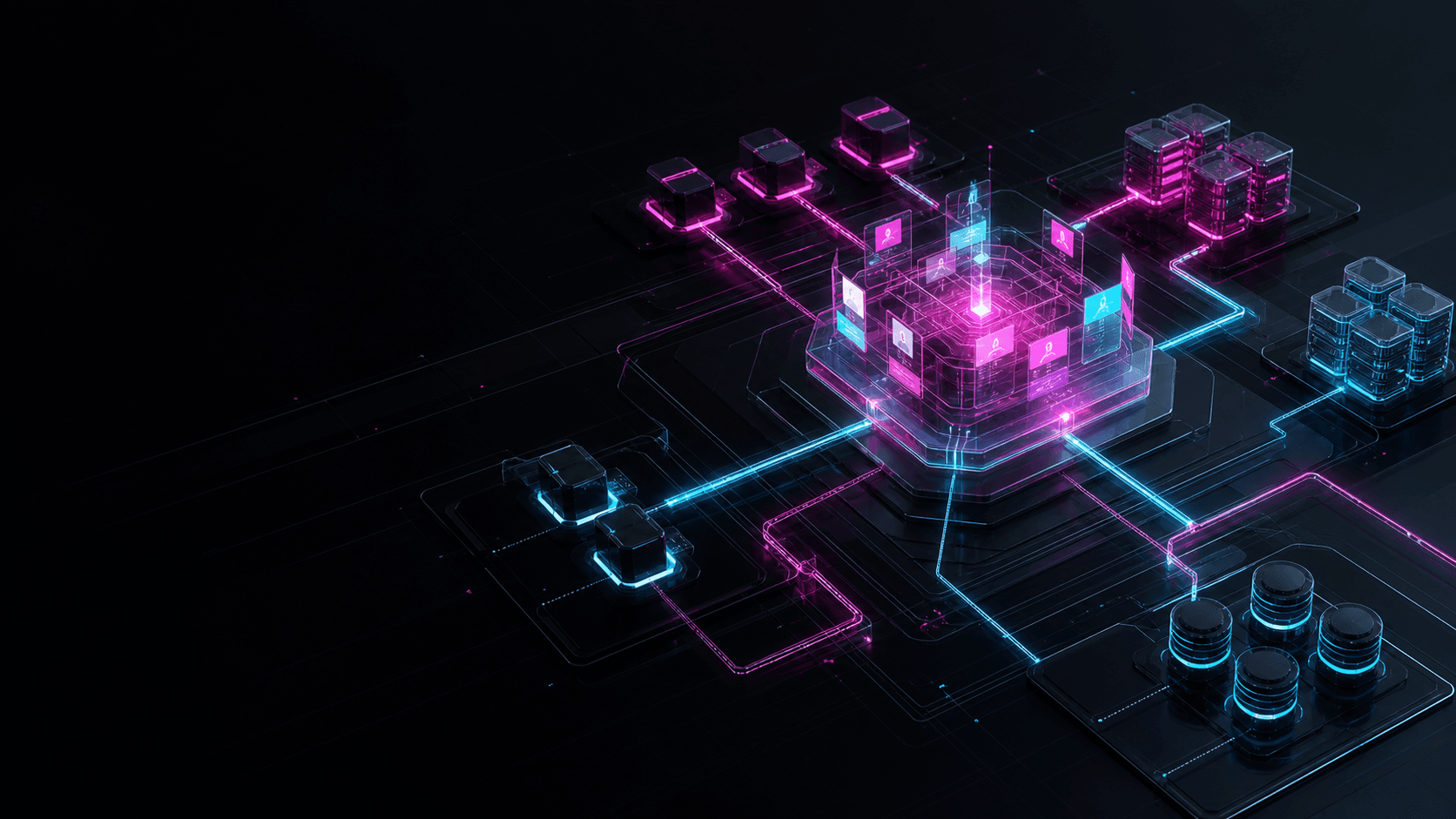 Abstract magenta and cyan WebRTC topology for Huddle meetings